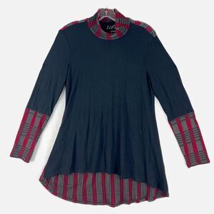 UBU Womens Black Red Flannel Mock Neck Tunic Long Sleeve Size Medium Hi Low‎